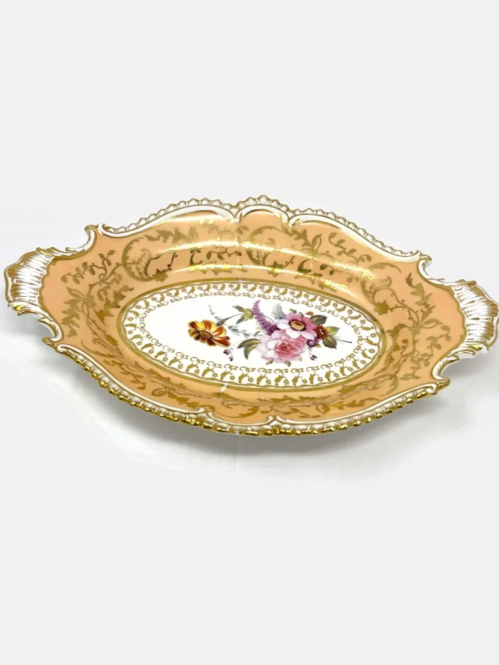 Antique Victorian Peach & Gold Porcelain Oval Serving Dish